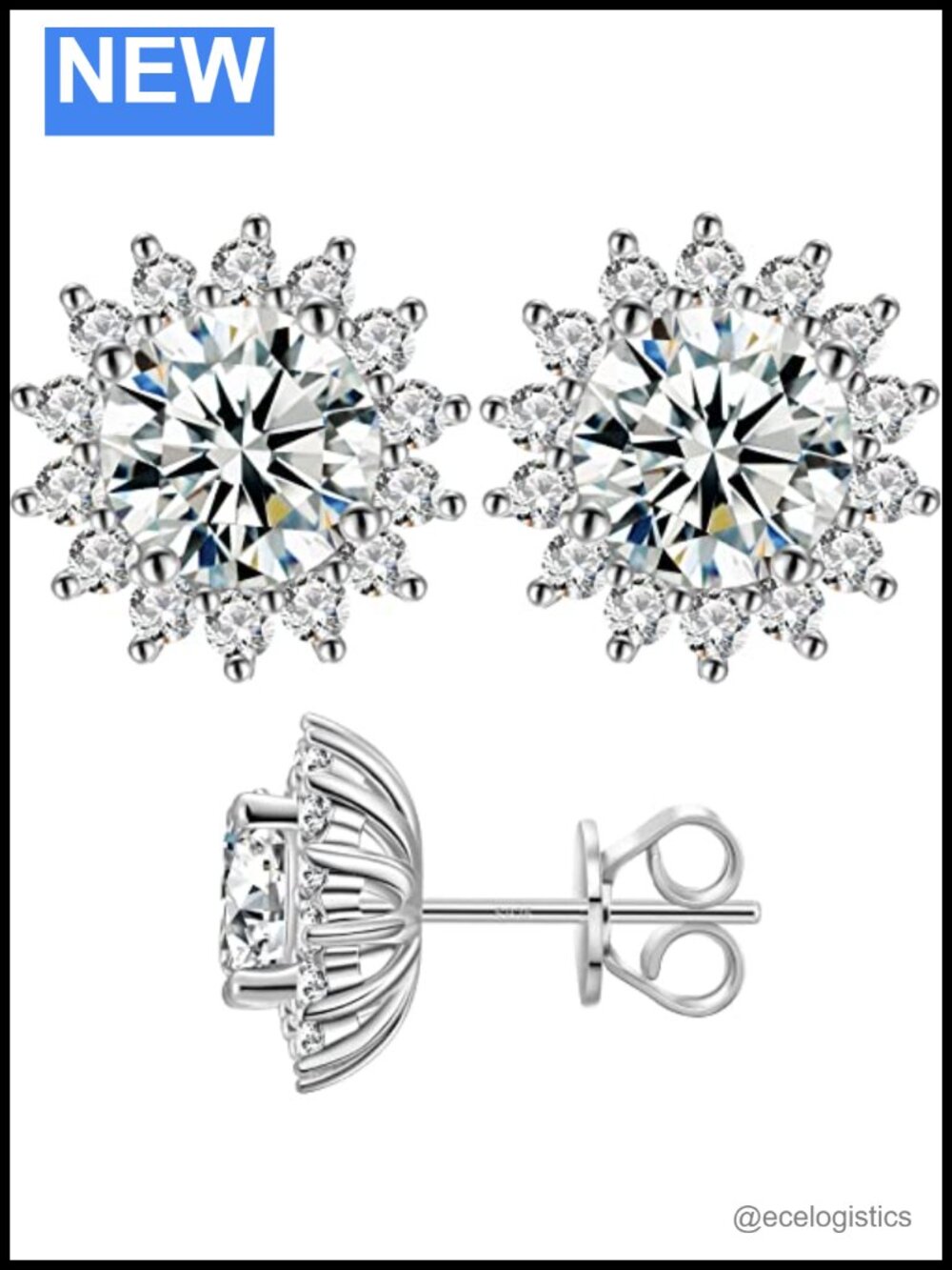 Moissanite Stud Earrings 8ct Total D VVS1 Round Cut 18K White Gold Plated S925